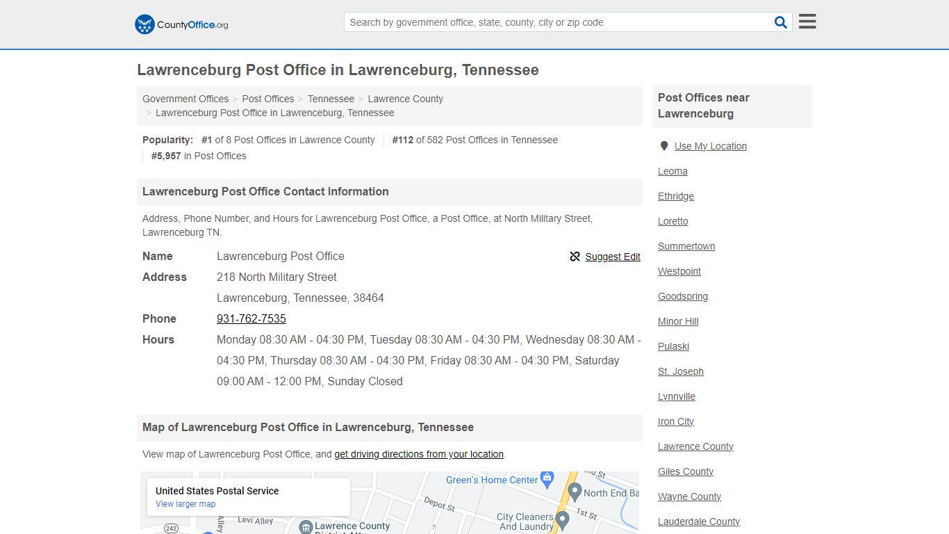 Lawrenceburg Post Office in Lawrenceburg, Tennessee - County Office